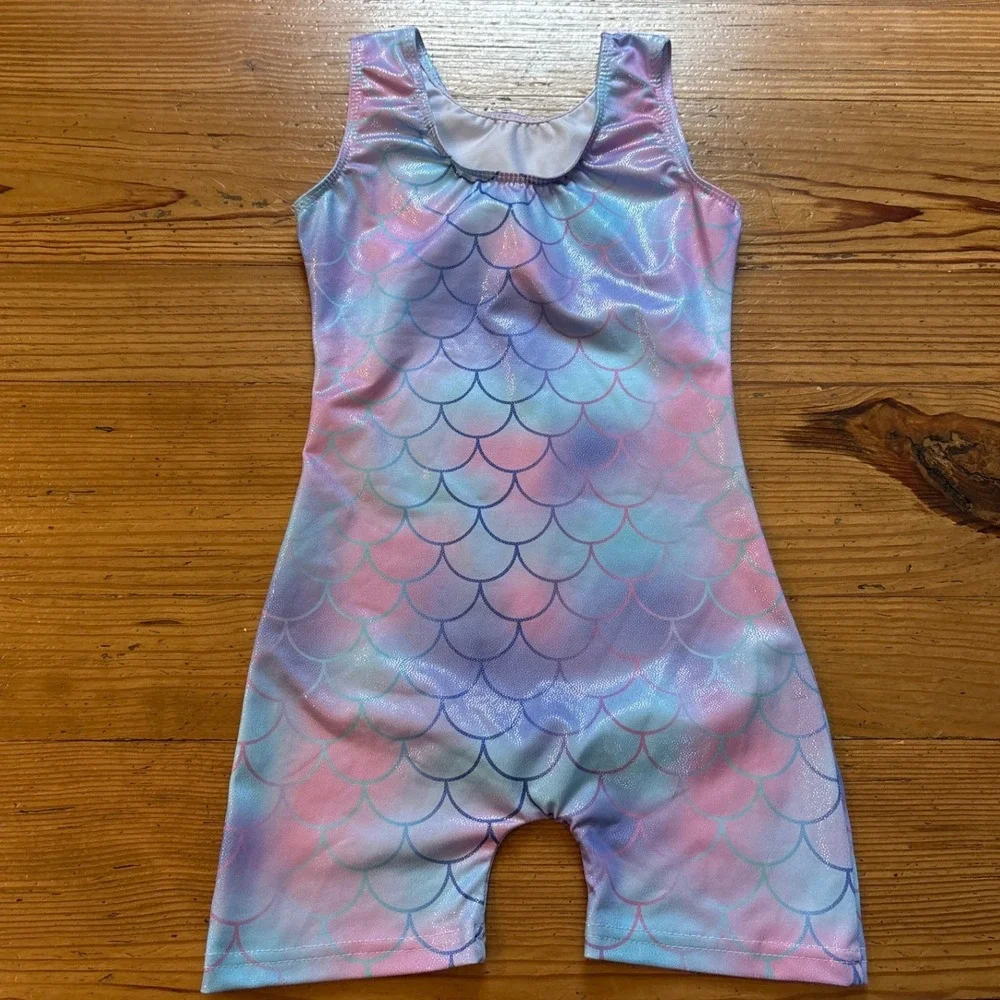 Mermaid Biketard Kids Pink Blue Purple‎ Shimmer Scale Print SIZE 130